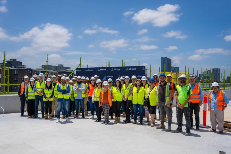 Mays Hill topping out ceremony rooftop group photo